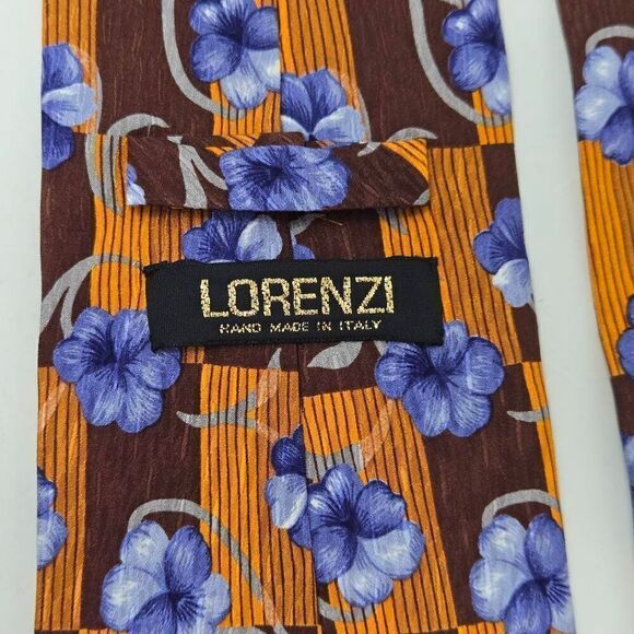 LORENZI HAND MADE ITALY SILK TIE ORANGE BLUE CHECKER FLORAL SATIN 3.75" X 59" - Picture 3 of 3